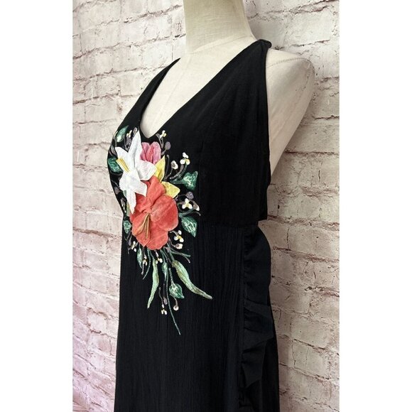 Ana Rosa Womens Halter Dress Handpainted Floral Art to Wear Black Cotton Size S - Picture 4 of 7